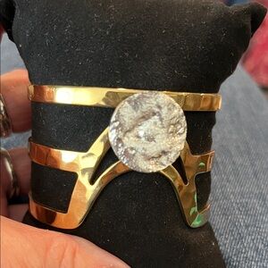 Gold Tone Cuff Bracelet with Textured Round Accent